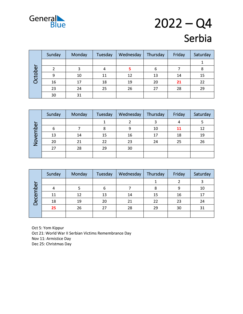  Free Q4 2022 Calendar for Serbia