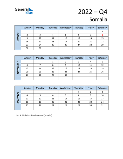  Free Q4 2022 Calendar for Somalia