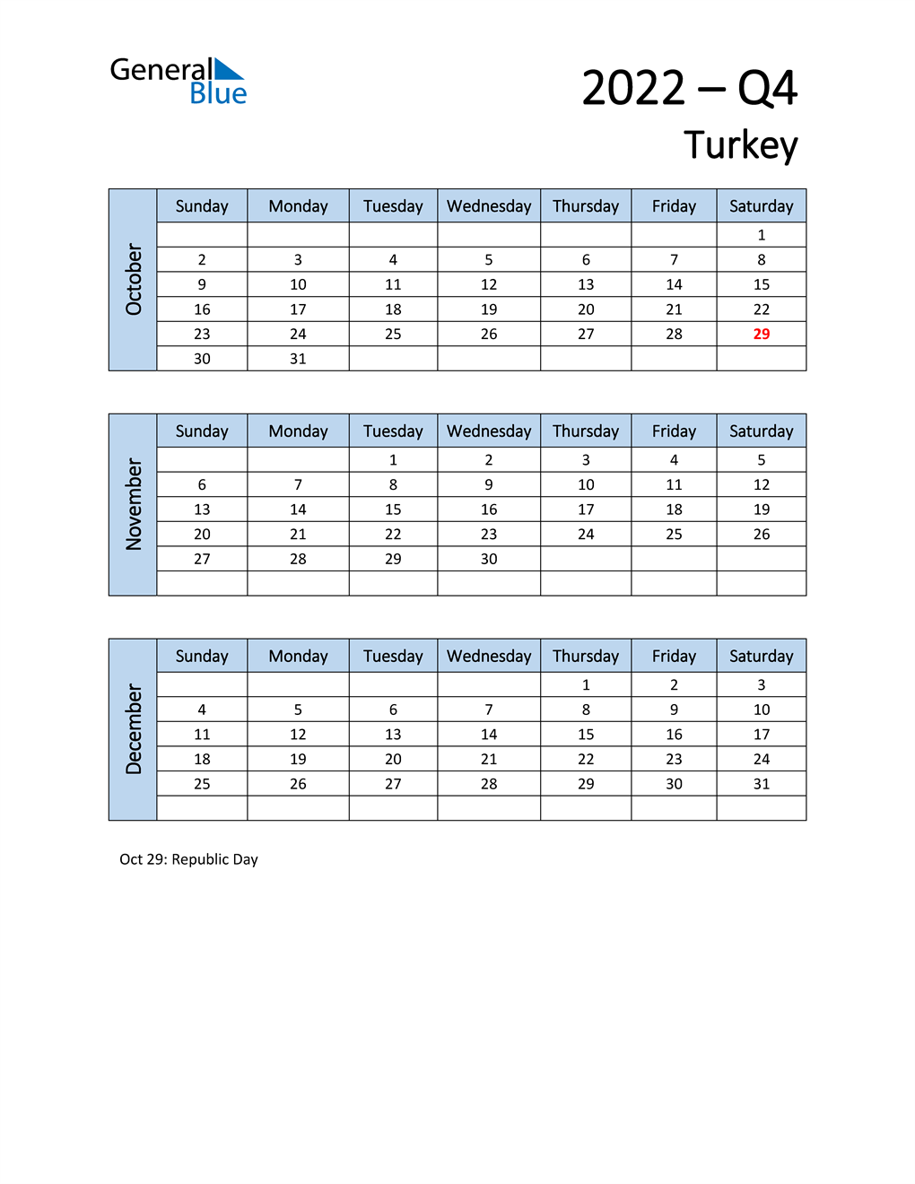 Free Q4 2022 Calendar for Turkey