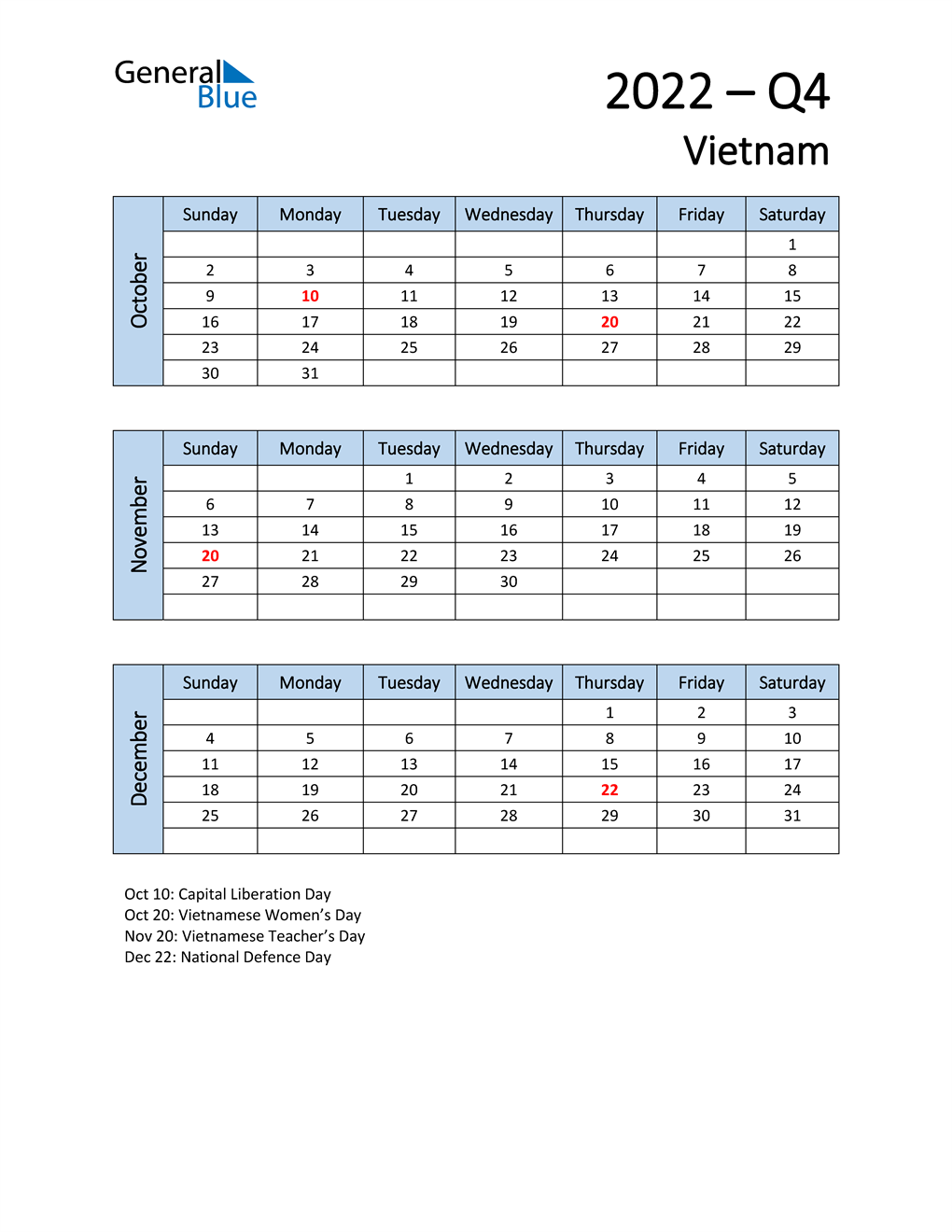  Free Q4 2022 Calendar for Vietnam