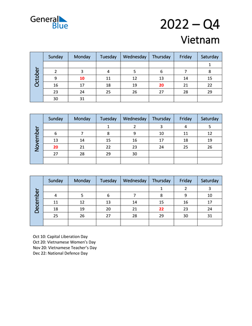  Free Q4 2022 Calendar for Vietnam