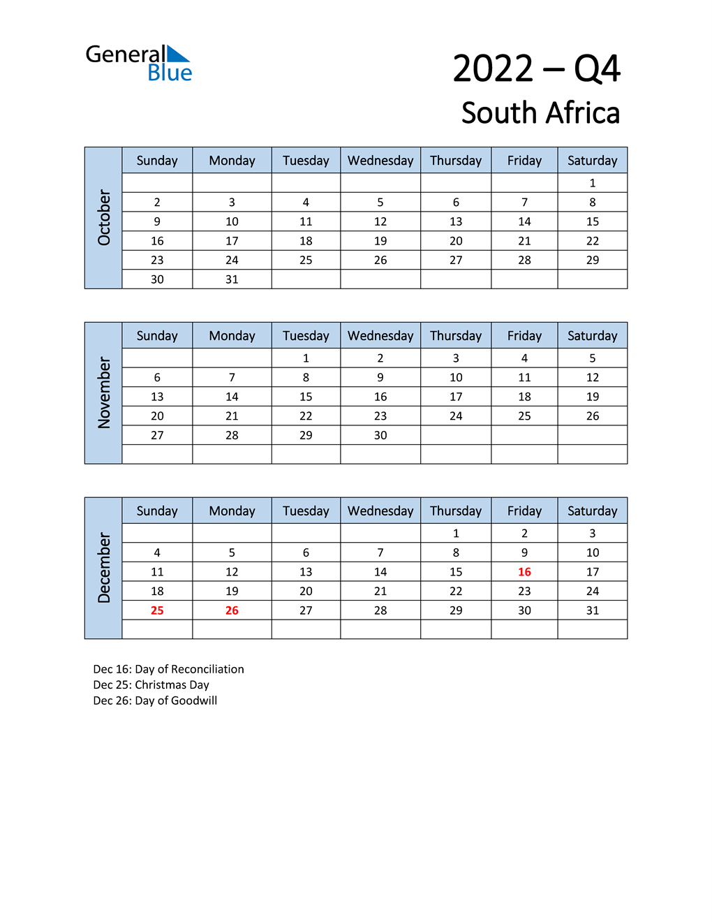  Free Q4 2022 Calendar for South Africa
