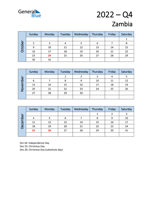  Free Q4 2022 Calendar for Zambia