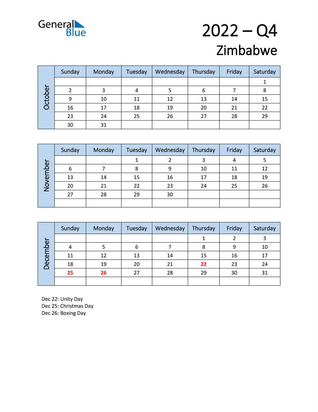  Free Q4 2022 Calendar for Zimbabwe
