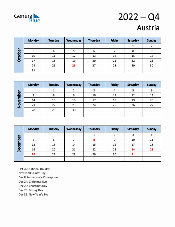 Free Q4 2022 Calendar for Austria - Monday Start