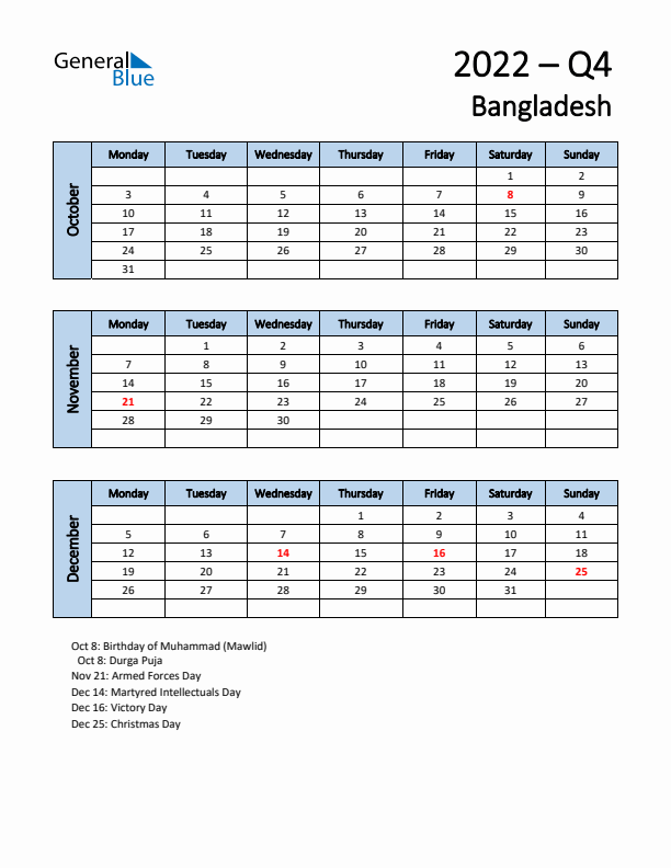 Free Q4 2022 Calendar for Bangladesh - Monday Start