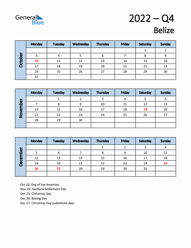 Free Q4 2022 Calendar for Belize - Monday Start