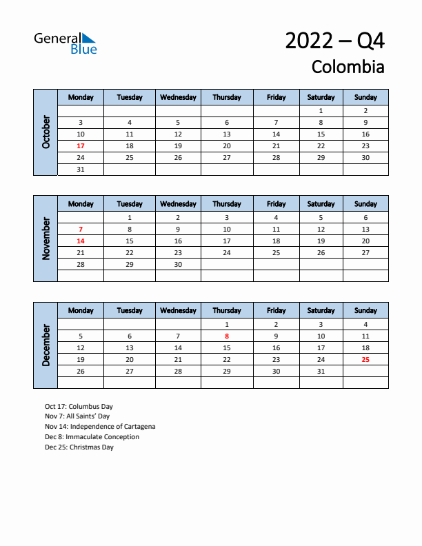 Free Q4 2022 Calendar for Colombia - Monday Start