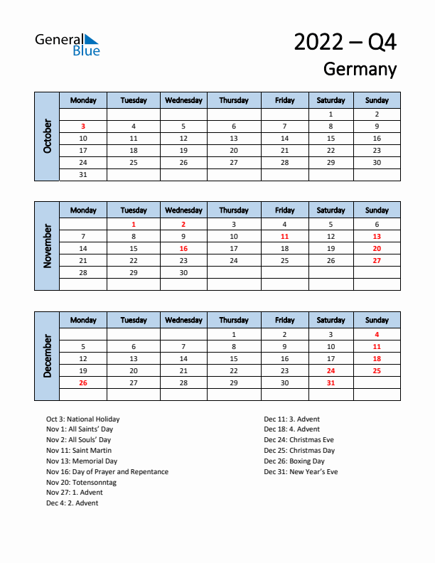 Free Q4 2022 Calendar for Germany - Monday Start