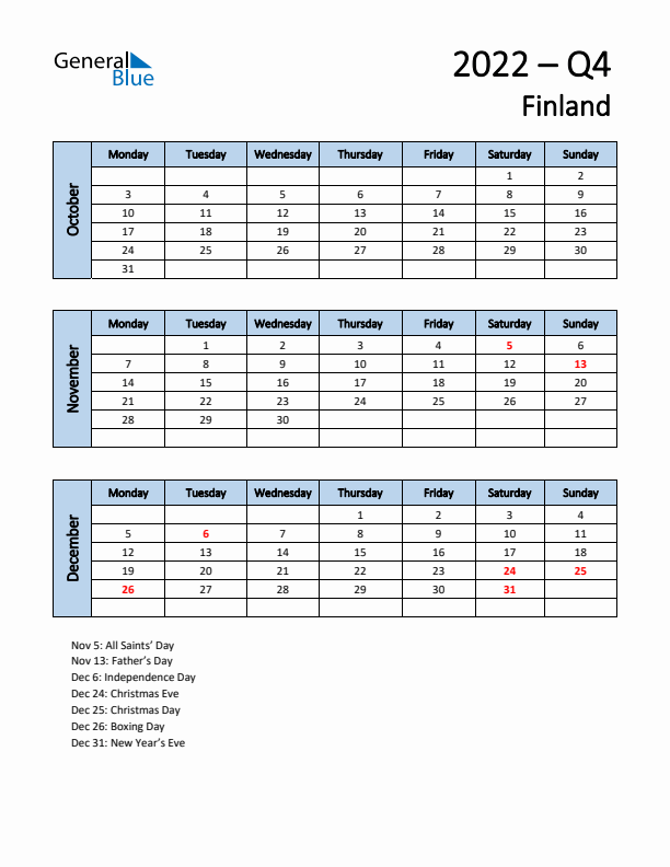 Free Q4 2022 Calendar for Finland - Monday Start