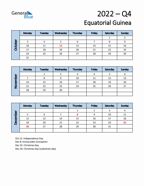 Free Q4 2022 Calendar for Equatorial Guinea - Monday Start