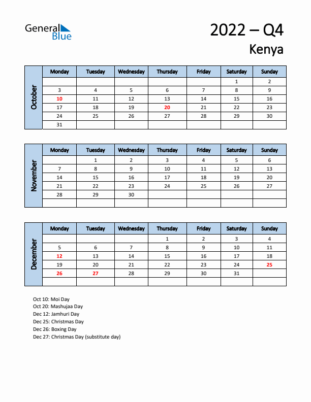 Free Q4 2022 Calendar for Kenya - Monday Start