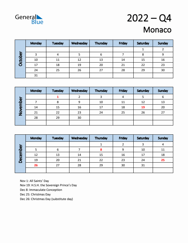 Free Q4 2022 Calendar for Monaco - Monday Start