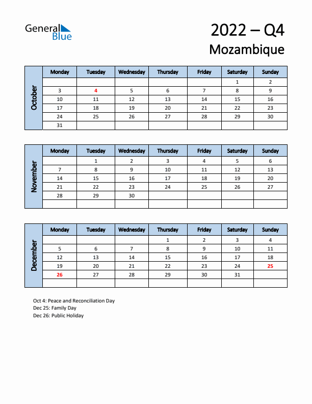 Free Q4 2022 Calendar for Mozambique - Monday Start