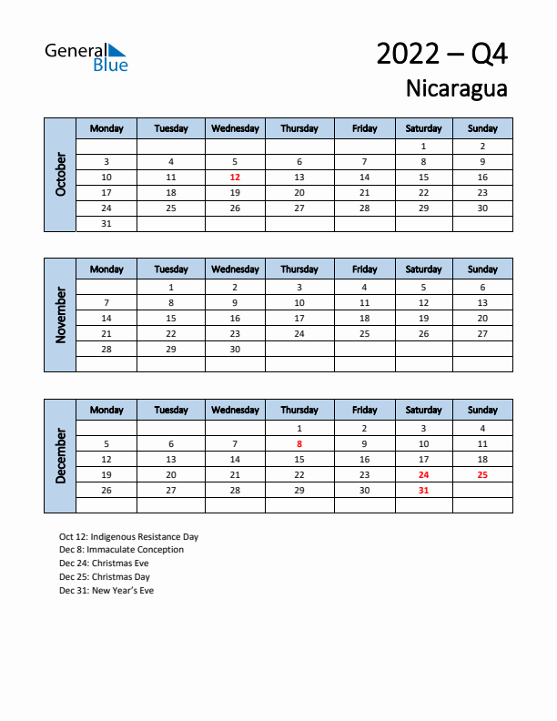 Free Q4 2022 Calendar for Nicaragua - Monday Start