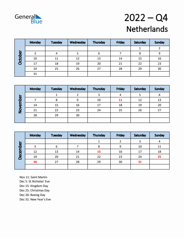 Free Q4 2022 Calendar for The Netherlands - Monday Start