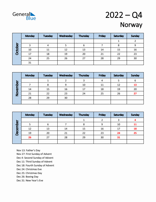 Free Q4 2022 Calendar for Norway - Monday Start