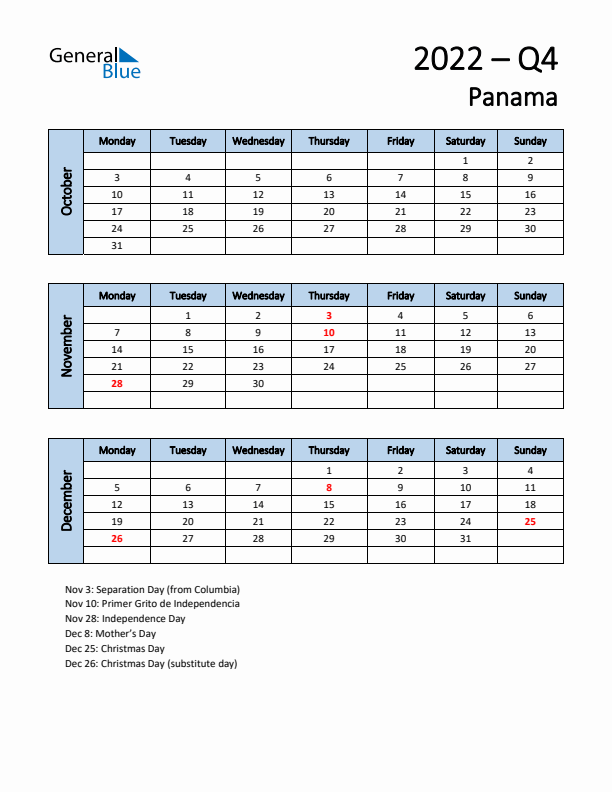 Free Q4 2022 Calendar for Panama - Monday Start