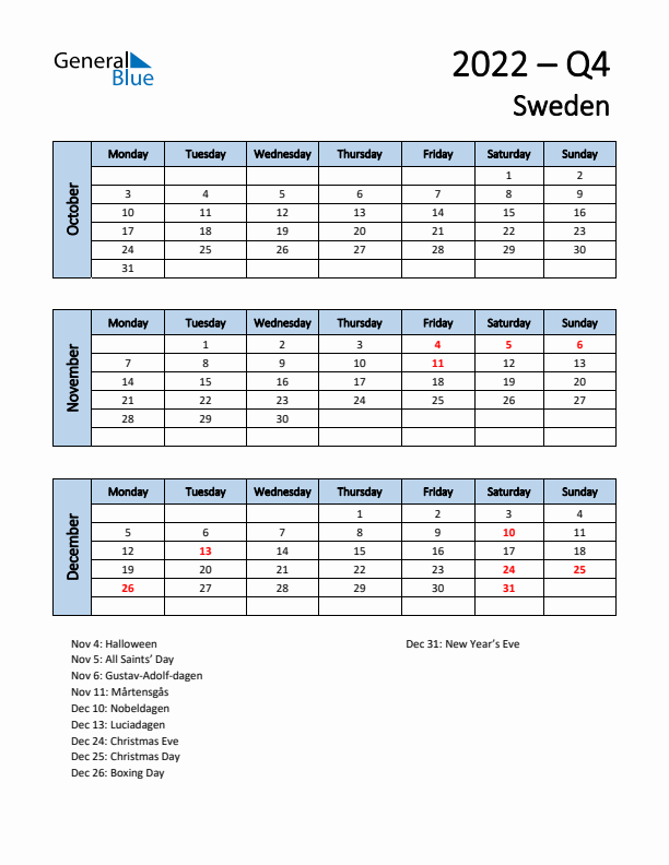 Free Q4 2022 Calendar for Sweden - Monday Start