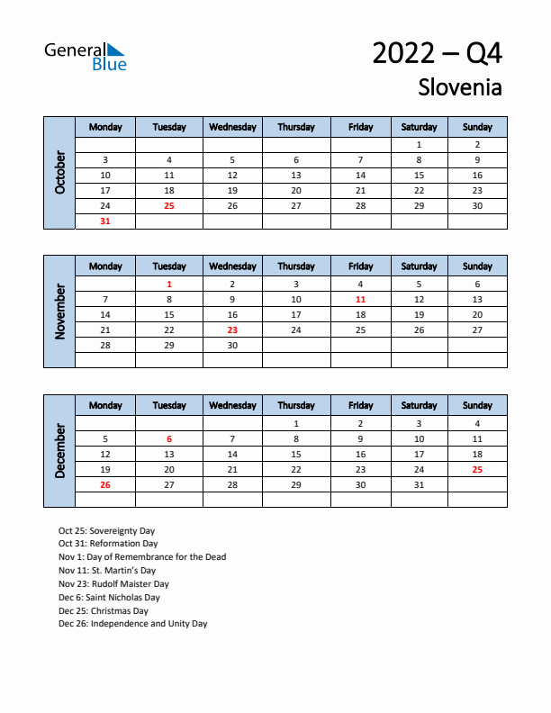 Free Q4 2022 Calendar for Slovenia - Monday Start