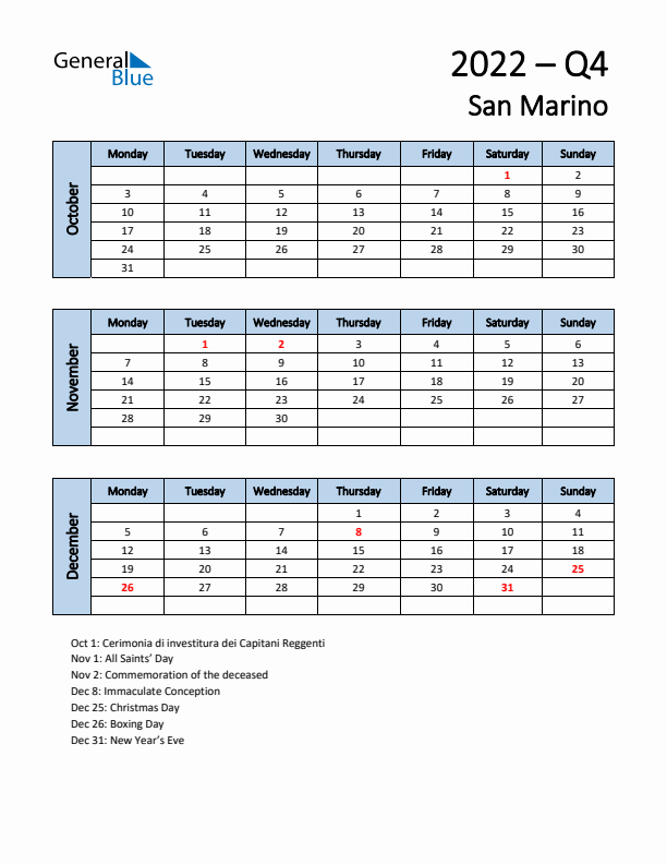 Free Q4 2022 Calendar for San Marino - Monday Start