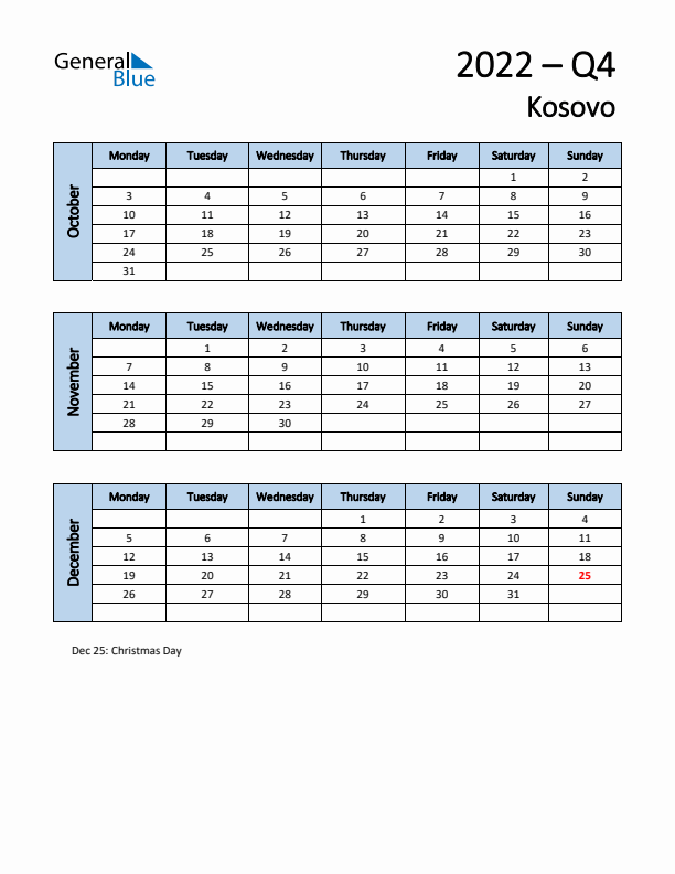 Free Q4 2022 Calendar for Kosovo - Monday Start