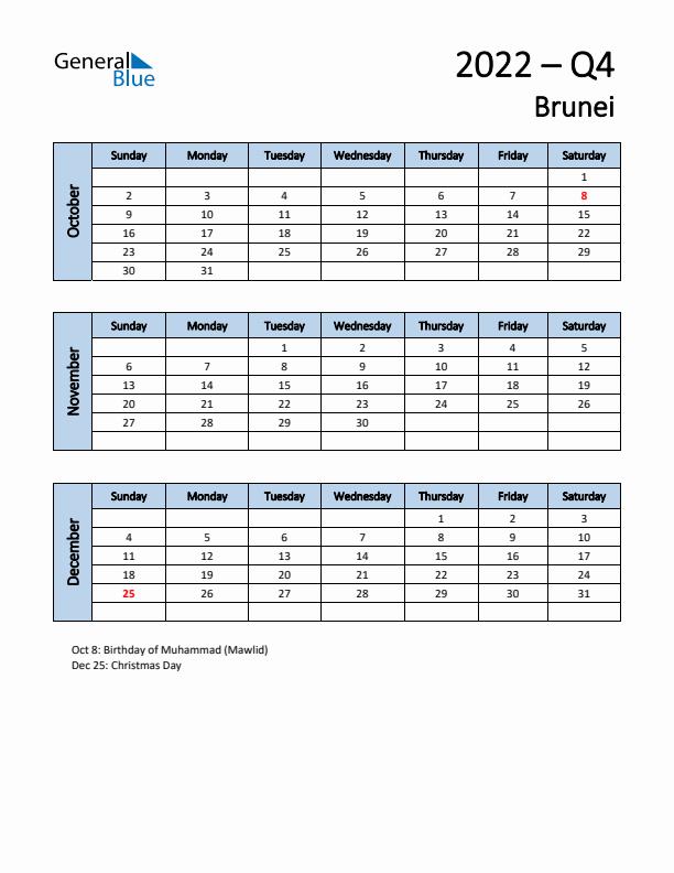 Free Q4 2022 Calendar for Brunei - Sunday Start