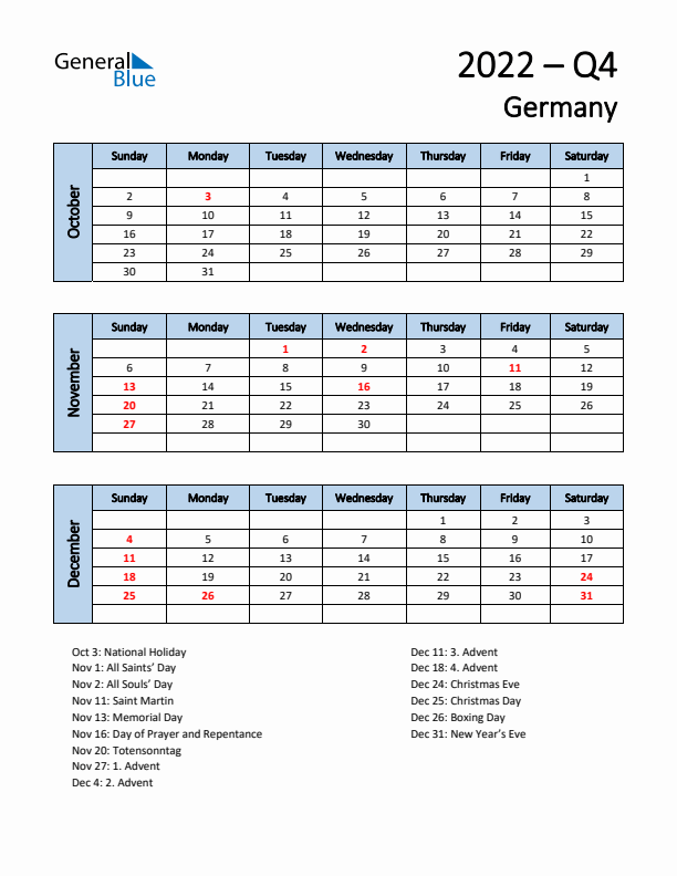 Free Q4 2022 Calendar for Germany - Sunday Start