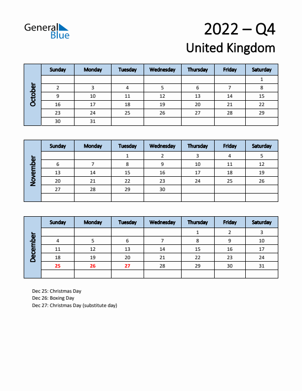 Free Q4 2022 Calendar for United Kingdom - Sunday Start