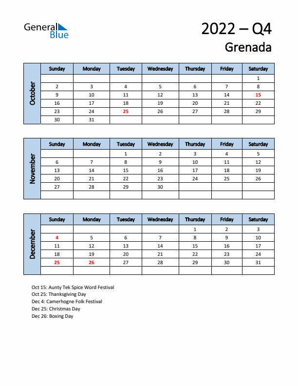 Free Q4 2022 Calendar for Grenada - Sunday Start