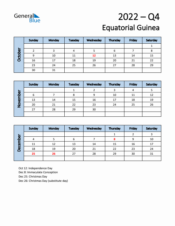 Free Q4 2022 Calendar for Equatorial Guinea - Sunday Start