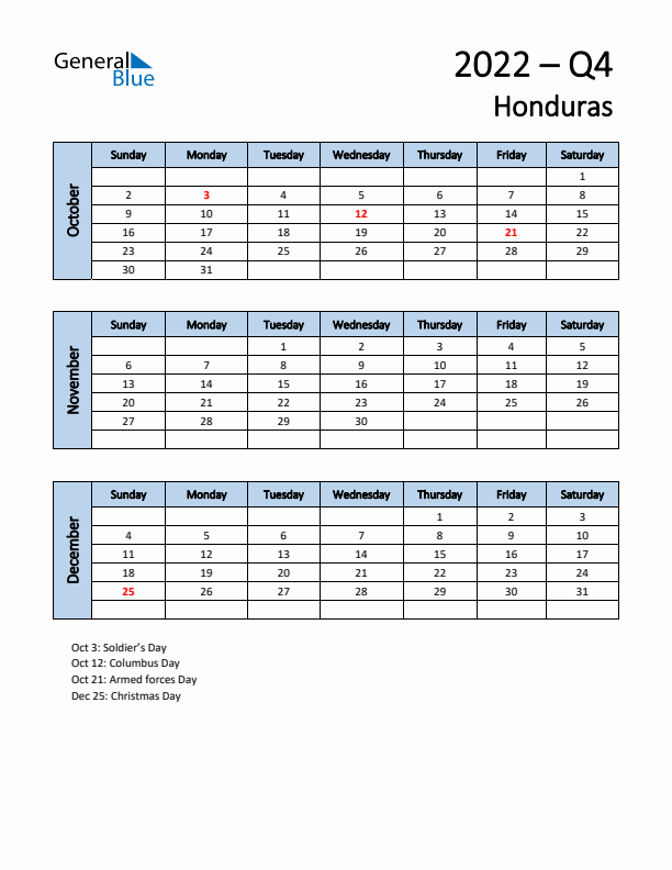 Free Q4 2022 Calendar for Honduras - Sunday Start