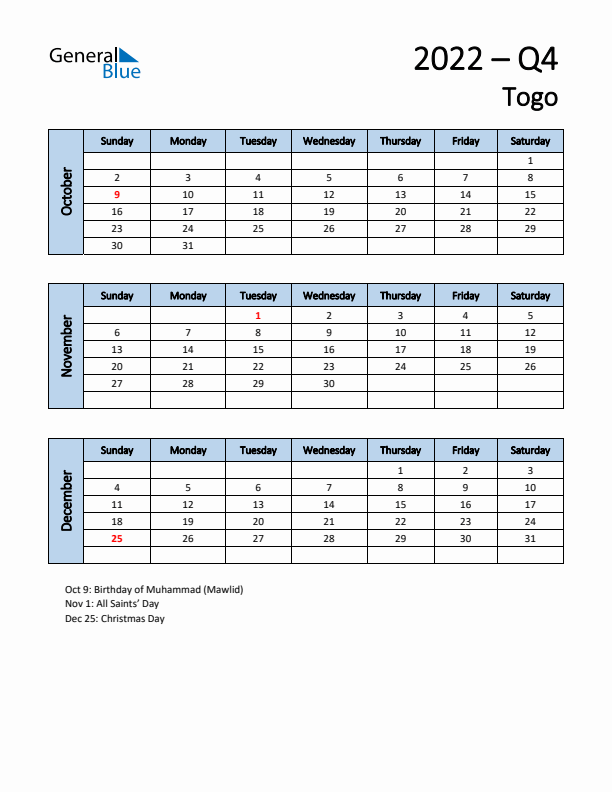 Free Q4 2022 Calendar for Togo - Sunday Start