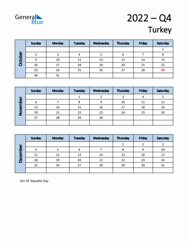 Free Q4 2022 Calendar for Turkey - Sunday Start