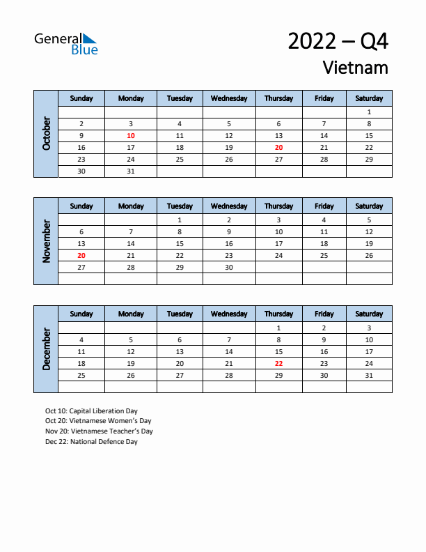 Free Q4 2022 Calendar for Vietnam - Sunday Start