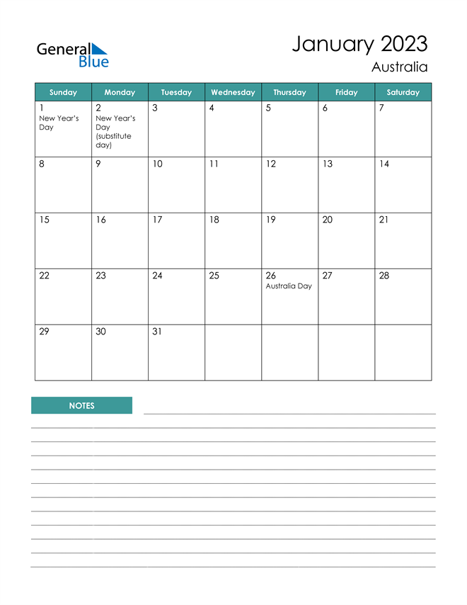 Australia January 2023 Calendar with Holidays
