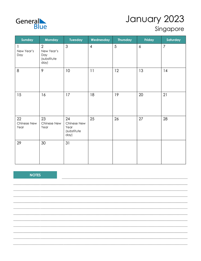 january 2023 calendar with singapore holidays