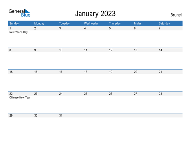 January 2023 Calendar with Brunei Holidays