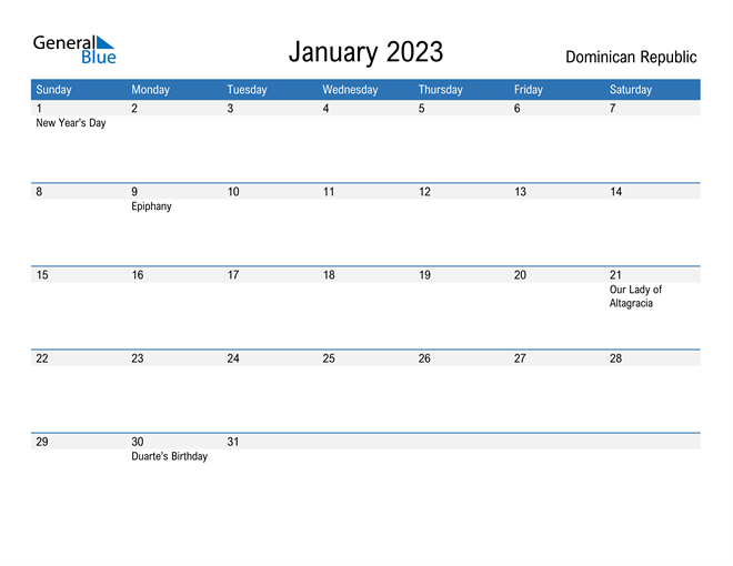 January 2023 Calendar with Dominican Republic Holidays