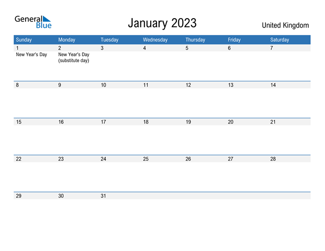 January 2023 Calendar Wi
th United Kingdom Holidays