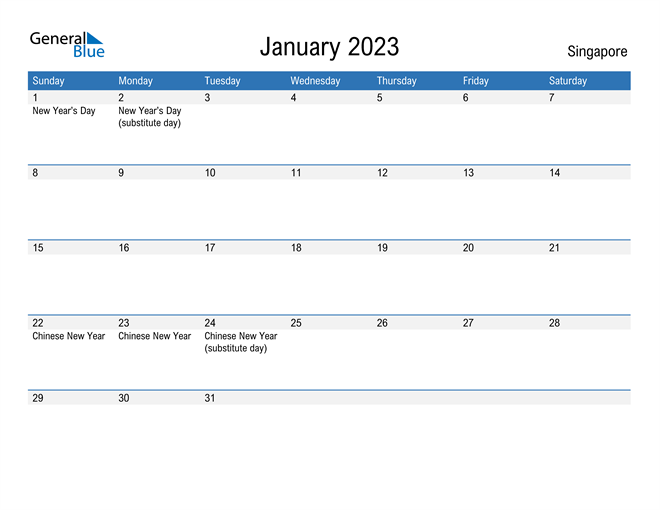 january 2023 calendar with singapore holidays