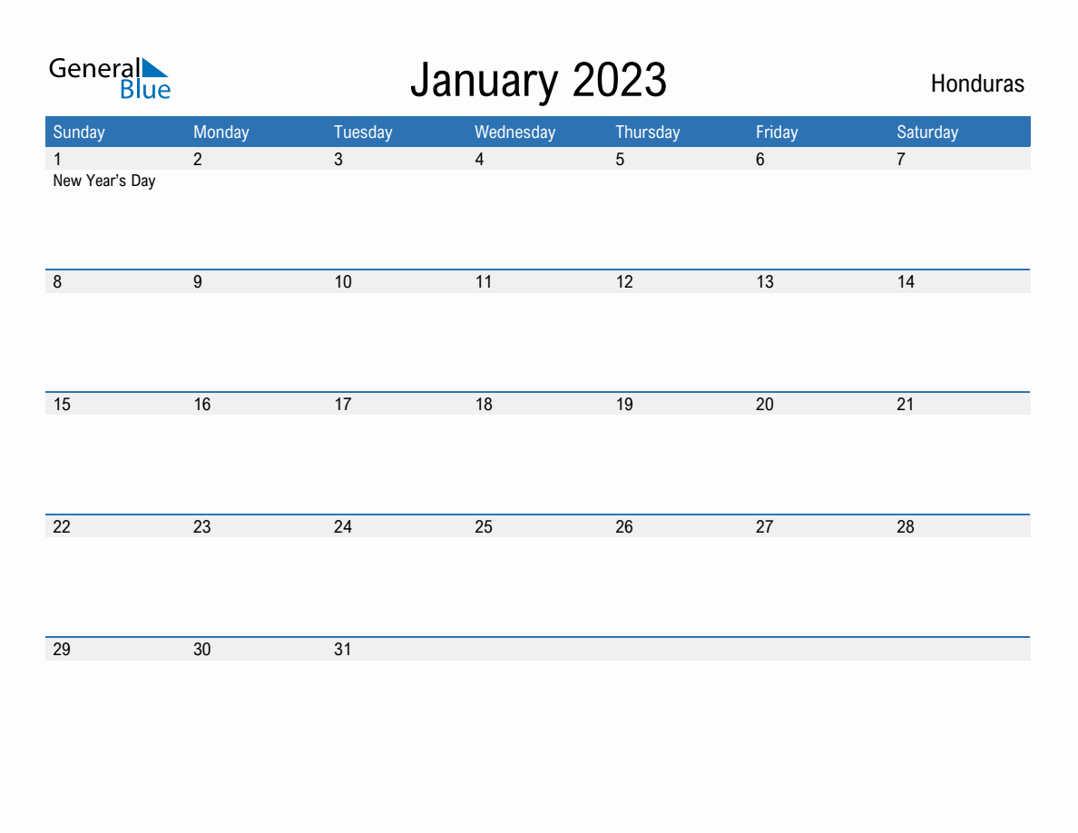 January 2023 Monthly Calendar with Honduras Holidays