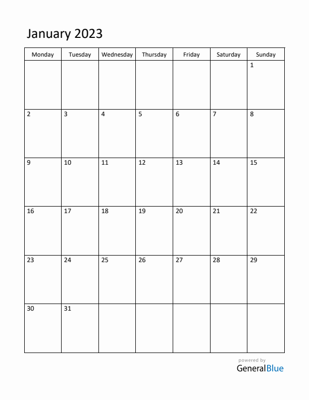 January 2023 Monday Start Calendar Pdf Excel Word