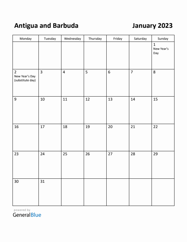 January 2023 Calendar with Antigua and Barbuda Holidays