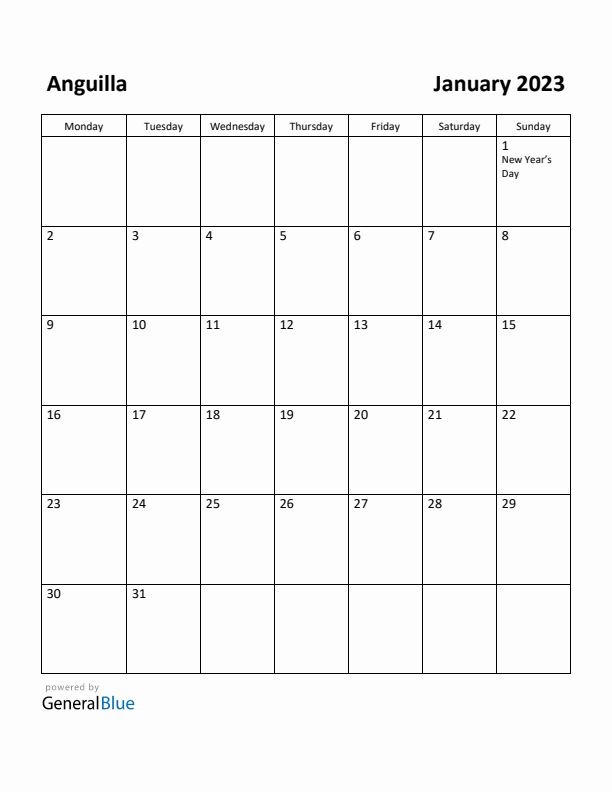 January 2023 Calendar with Anguilla Holidays