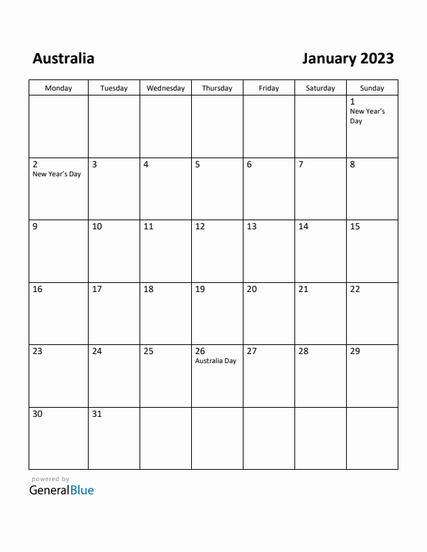 January 2023 Calendar with Australia Holidays