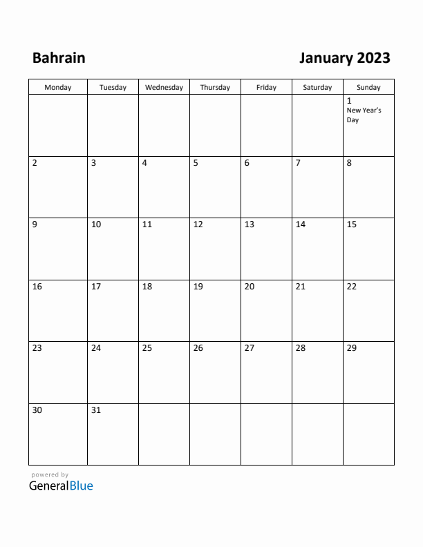 January 2023 Calendar with Bahrain Holidays