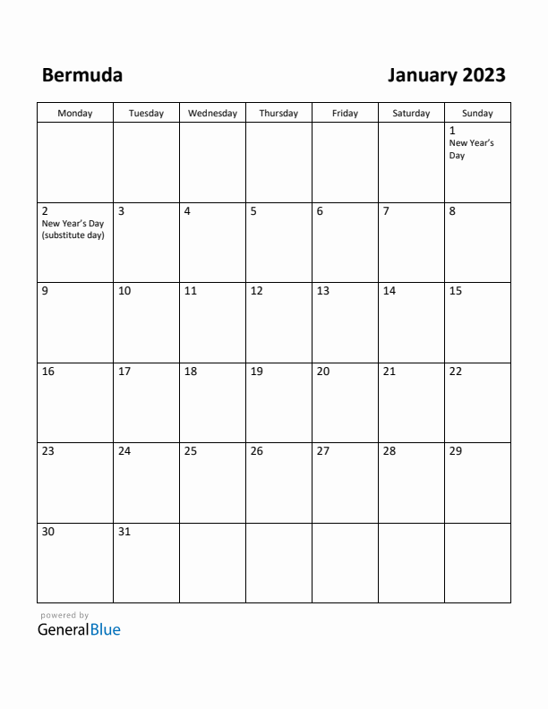 January 2023 Calendar with Bermuda Holidays