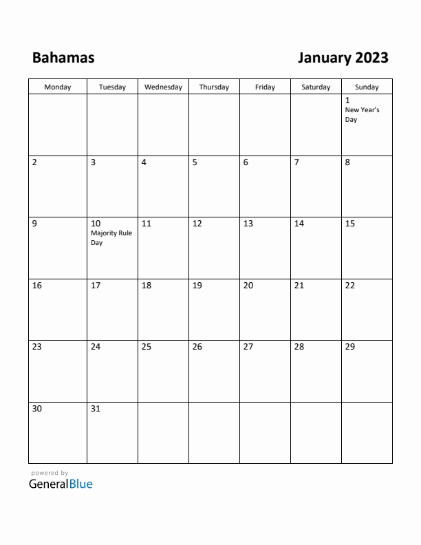 January 2023 Calendar with Bahamas Holidays