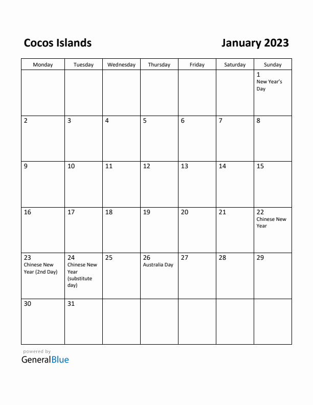January 2023 Calendar with Cocos Islands Holidays